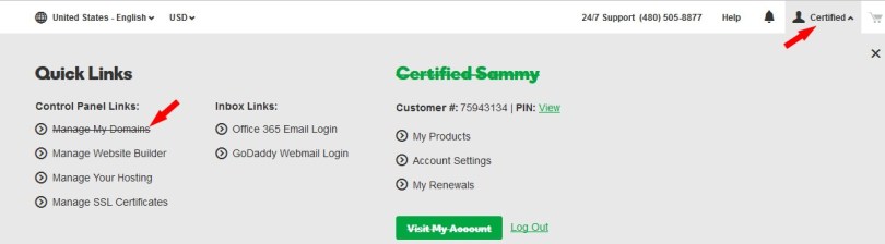 Manage my domains option under godaddy account
